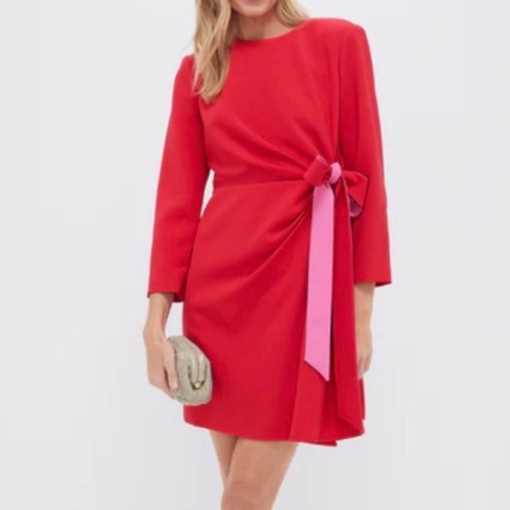 Tuckernuck Red Long-Sleeve Sheath Dress with Pink Waist Tie